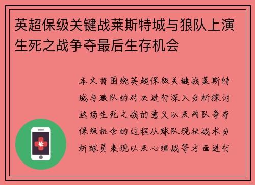 英超保级关键战莱斯特城与狼队上演生死之战争夺最后生存机会